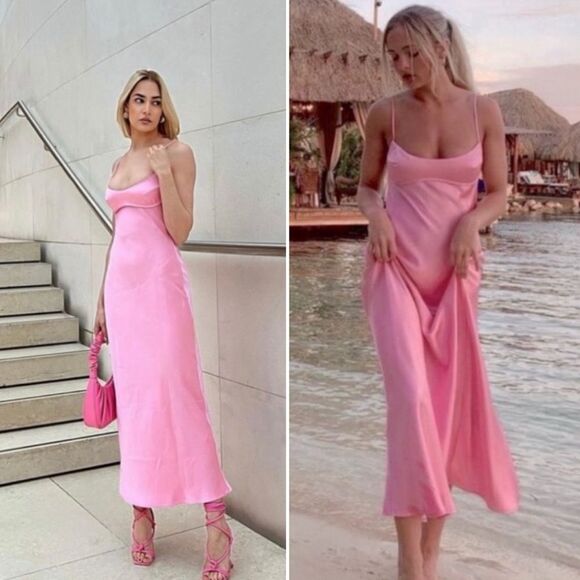 NEW Blogger Fave Viral TikTok Zara Pink Satin Cutout Scoop Neck Midi Slip Dress - Picture 2 of 16